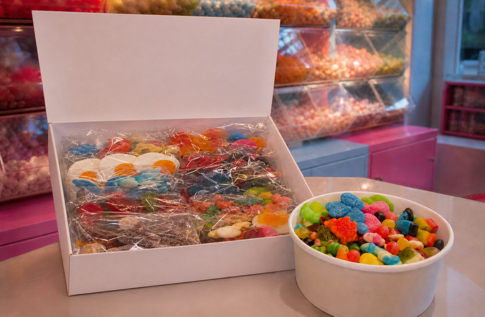 Una Candybox completa e una Poke di caramelle sul banco CandiFon