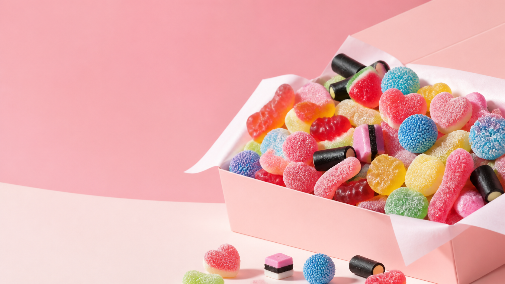 Candybox rosa piena di caramelle gommose e liquirizie