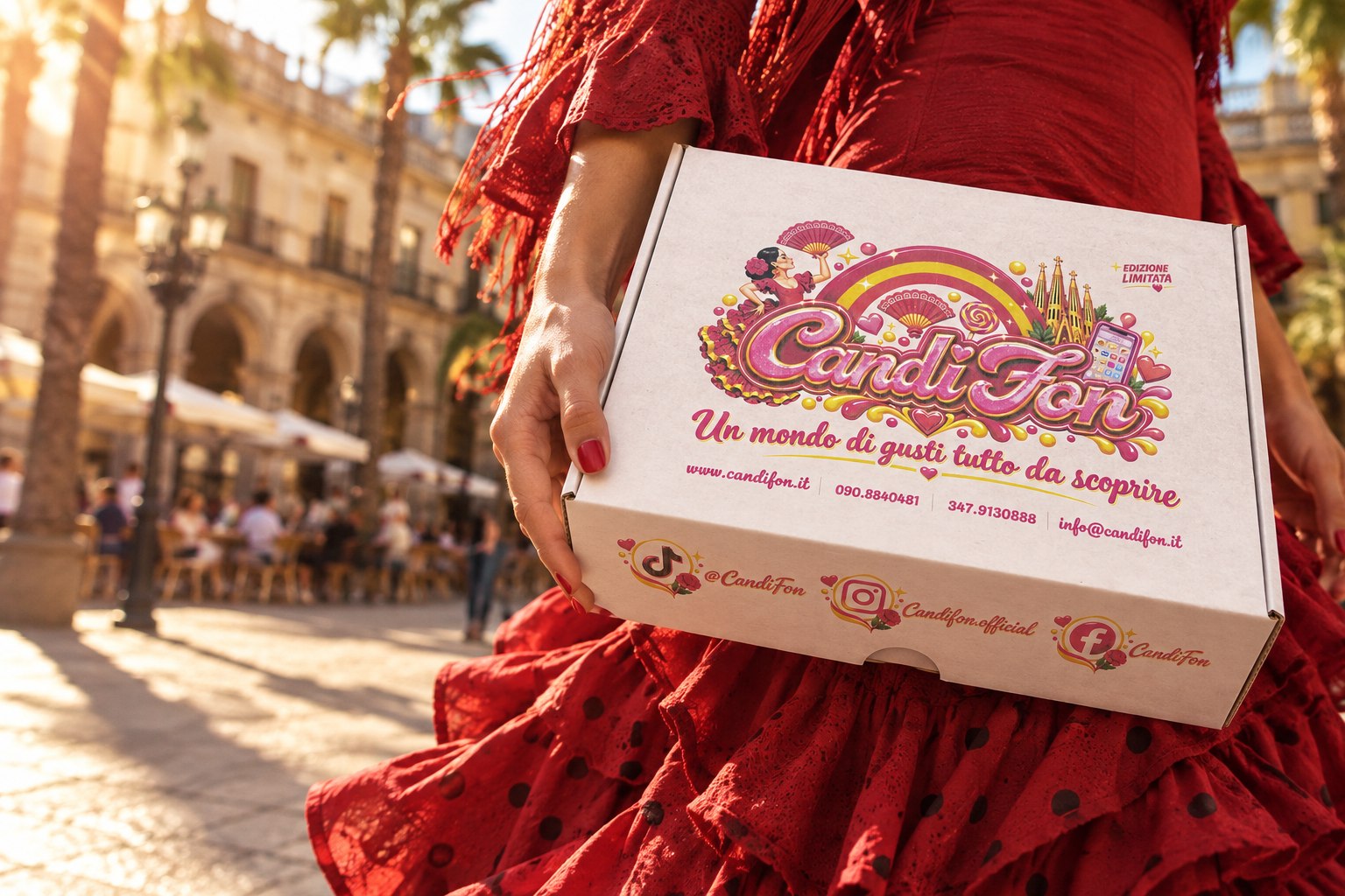 La Candybox Limited Edition Spagna portata in una piazza al tramonto
